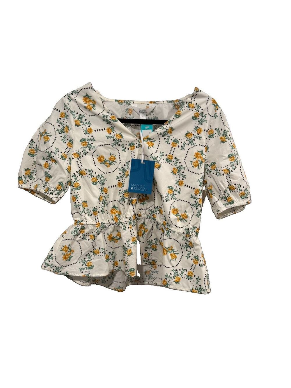 Market & Spruce Jimmy Peplum Blouse Floral Off White Medium NWT